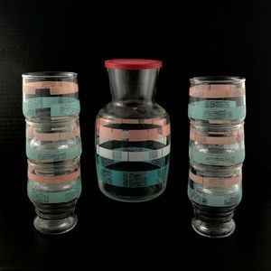 Vintage Mid Century Carafe & 6 Juice Glasses